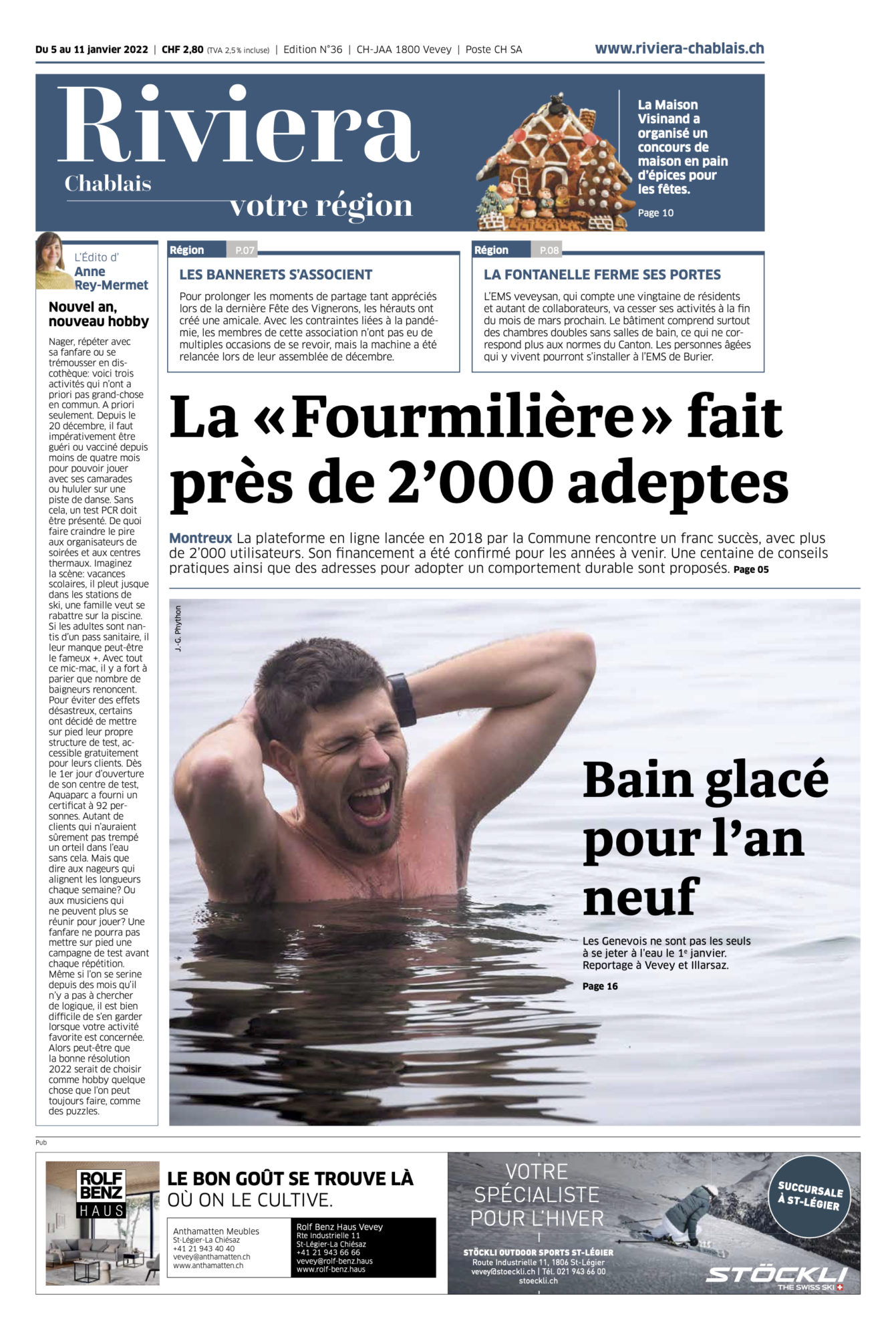 Journal Riviera n°36 ©Dessin de Gilles,, pour l'Article 2G+ dans les aquaparcs et bains thermaux du 5 janvier 2022 page 1