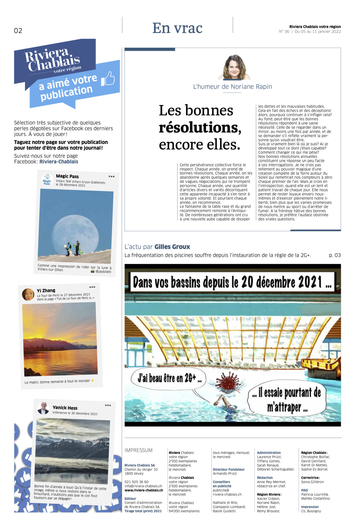 Journal Riviera n°36 ©Dessin de Gilles,, pour l'Article 2G+ dans les aquaparcs et bains thermaux du 5 janvier 2022 page 2