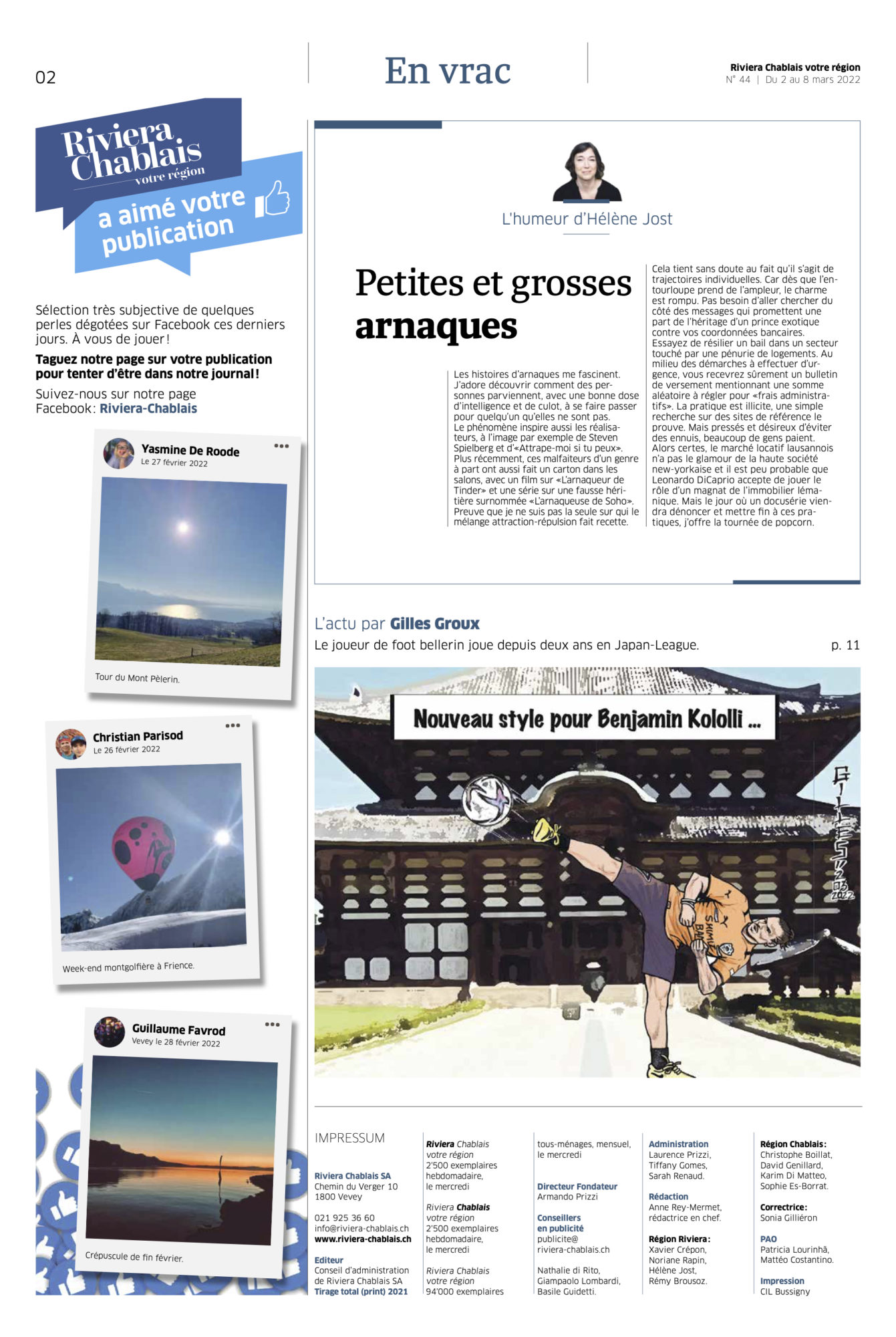 Journal Riviera n°44 ©Dessin de Gilles,, Article sur Benjamin Kololli au Japon du 2 mars 2022 page 2