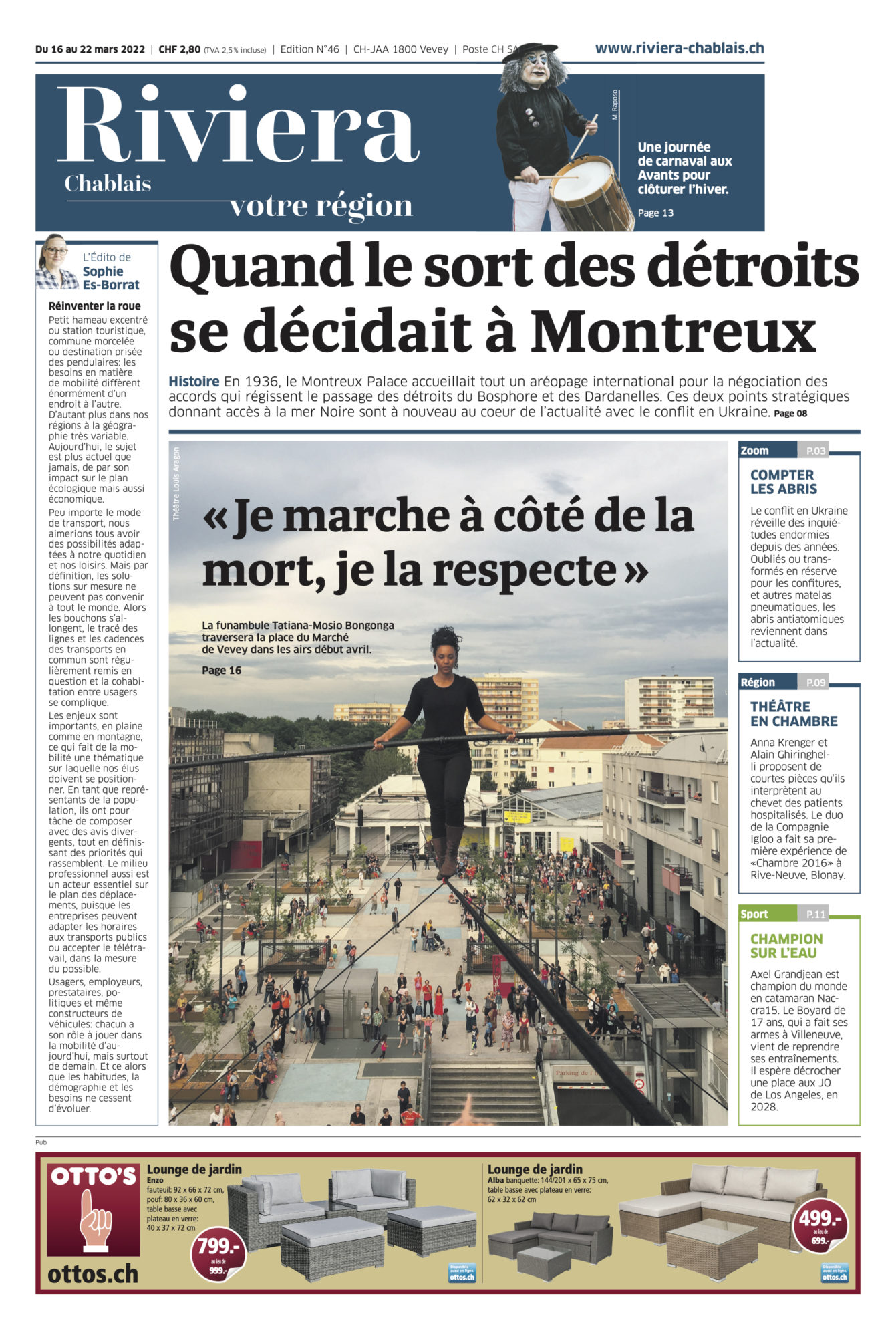 Journal Riviera n°46 Chablais ©Dessin de Gilles,, Article sur Tous aux abris... des abris pour tous ? du 16 mars 2022 page 1