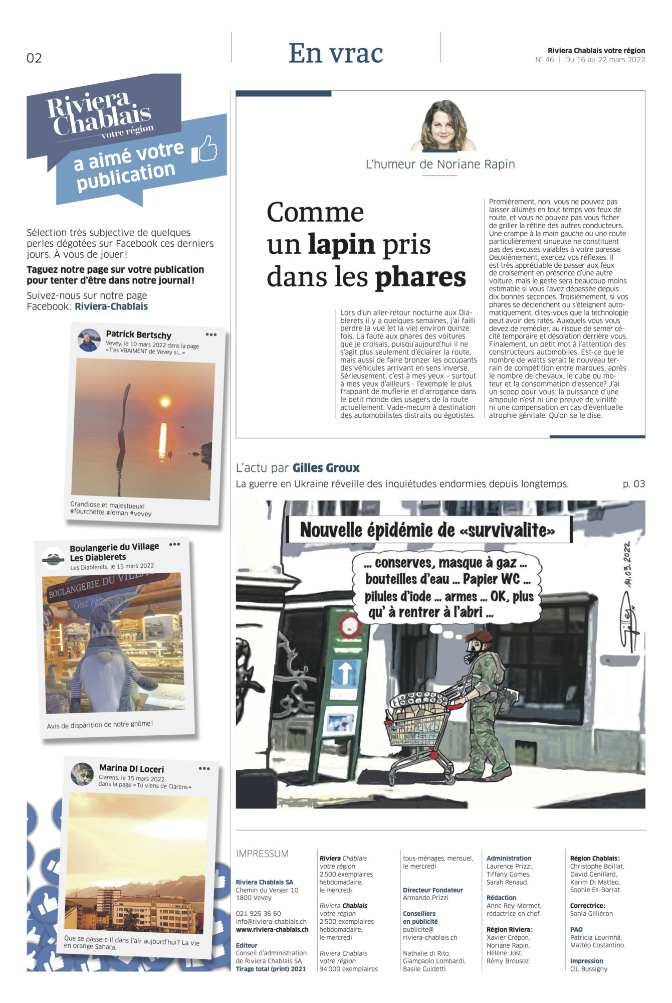 Journal Riviera n°46 Chablais ©Dessin de Gilles,, Article sur Tous aux abris... des abris pour tous ? du 16 mars 2022 page 2