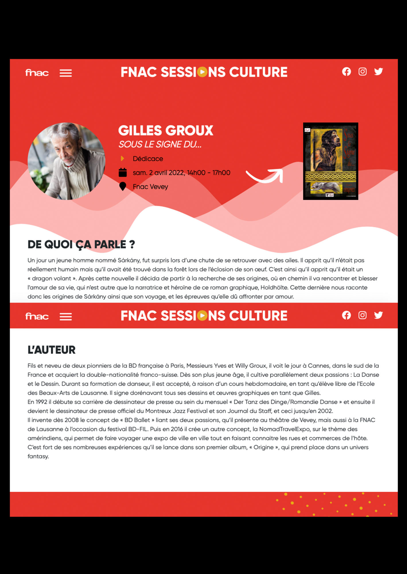 Promotion FNAC de Vevey pour la promotion du roman graphique de Gilles,, le 2 avril 2022