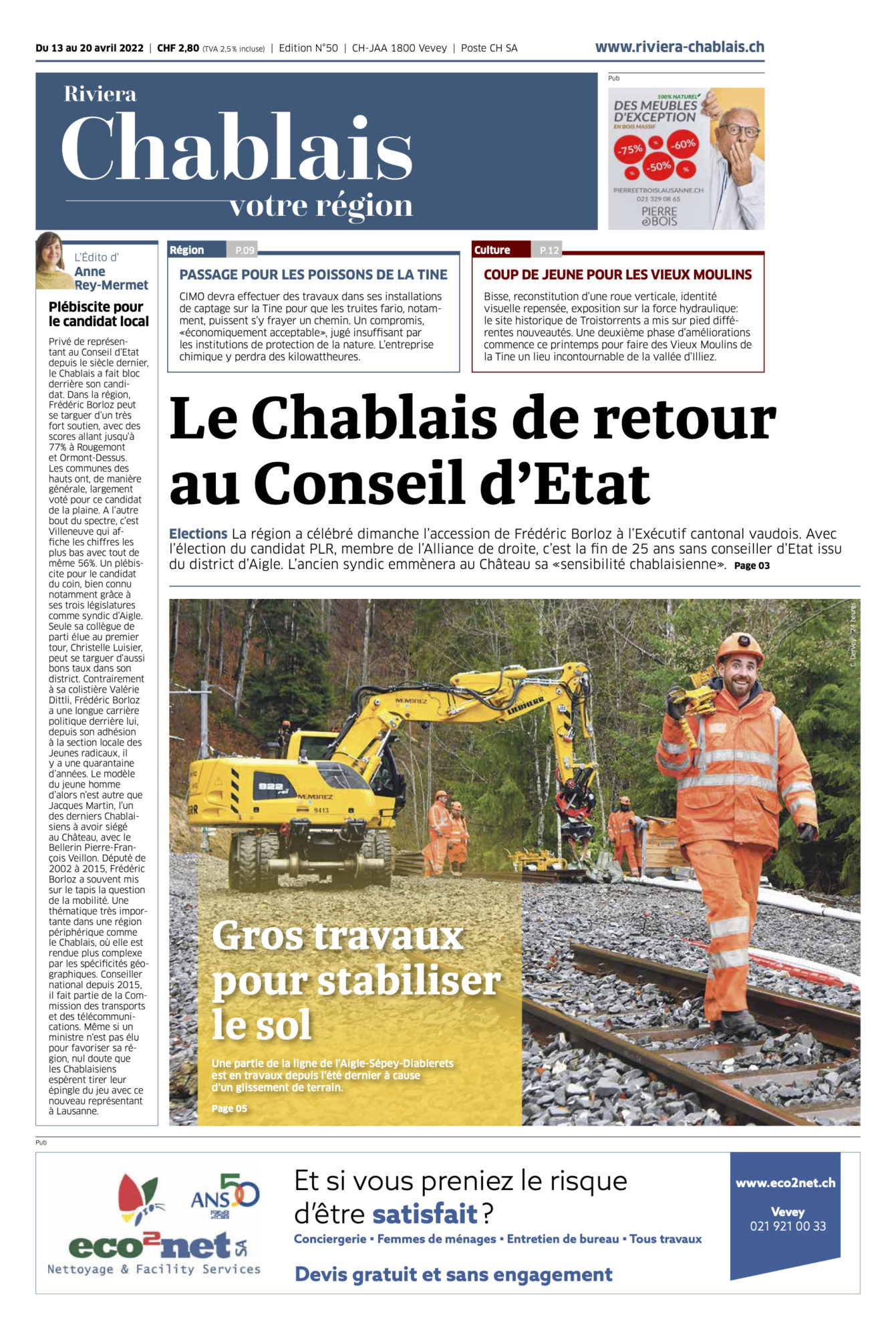 Journal Chablais n° 50 ©Dessin de Gilles,, pour l'article sur Frédéric Borloz, Le Chablais de retour au Conseil d’Etat“ du 13 avril 2022 page 1