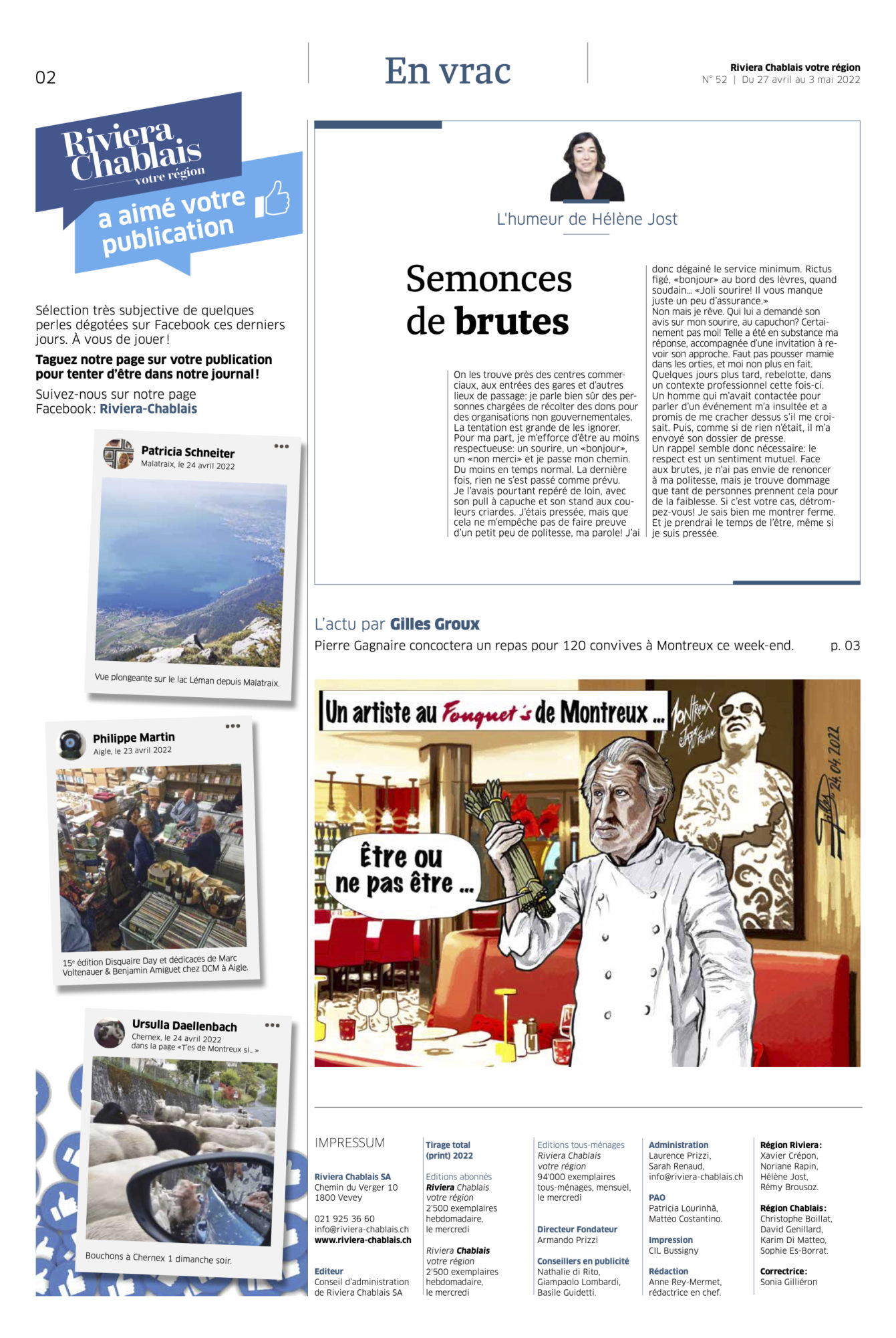 Journal Chablais n° 52 ©Dessin de Gilles,, du Chef Gagnaire dans le restaurant Fouquet's de Montreux pour article Dans un plat, on doit retrouver la tendresse du cuisinier du 27 avril 2022 page 2