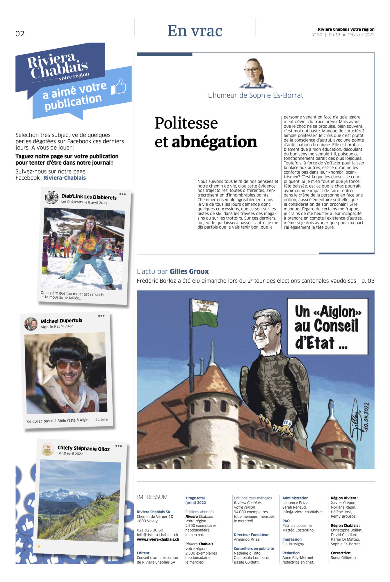 Journal Riviera n° 50 ©Dessin de Gilles,, pour l'article sur Frédéric Borloz, Le Chablais de retour au Conseil d’Etat“ du 13 avril 2022 page 2