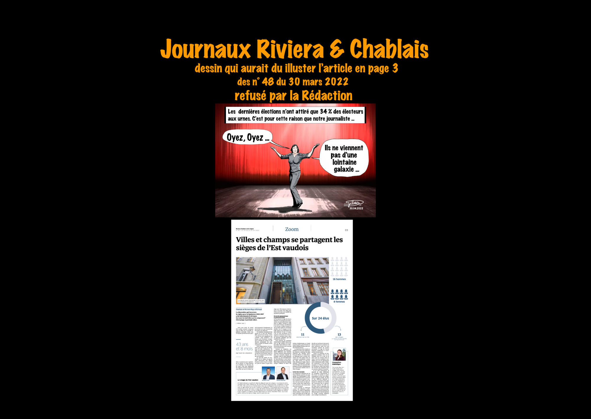 Journaux Riviera & Chablais n° 48 ©Dessin de Gilles,, refusé par la Rédaction pour l'article sur Villes et Champs se partagent les sièges de l'Est vaudois du 30 mars 2022 A3