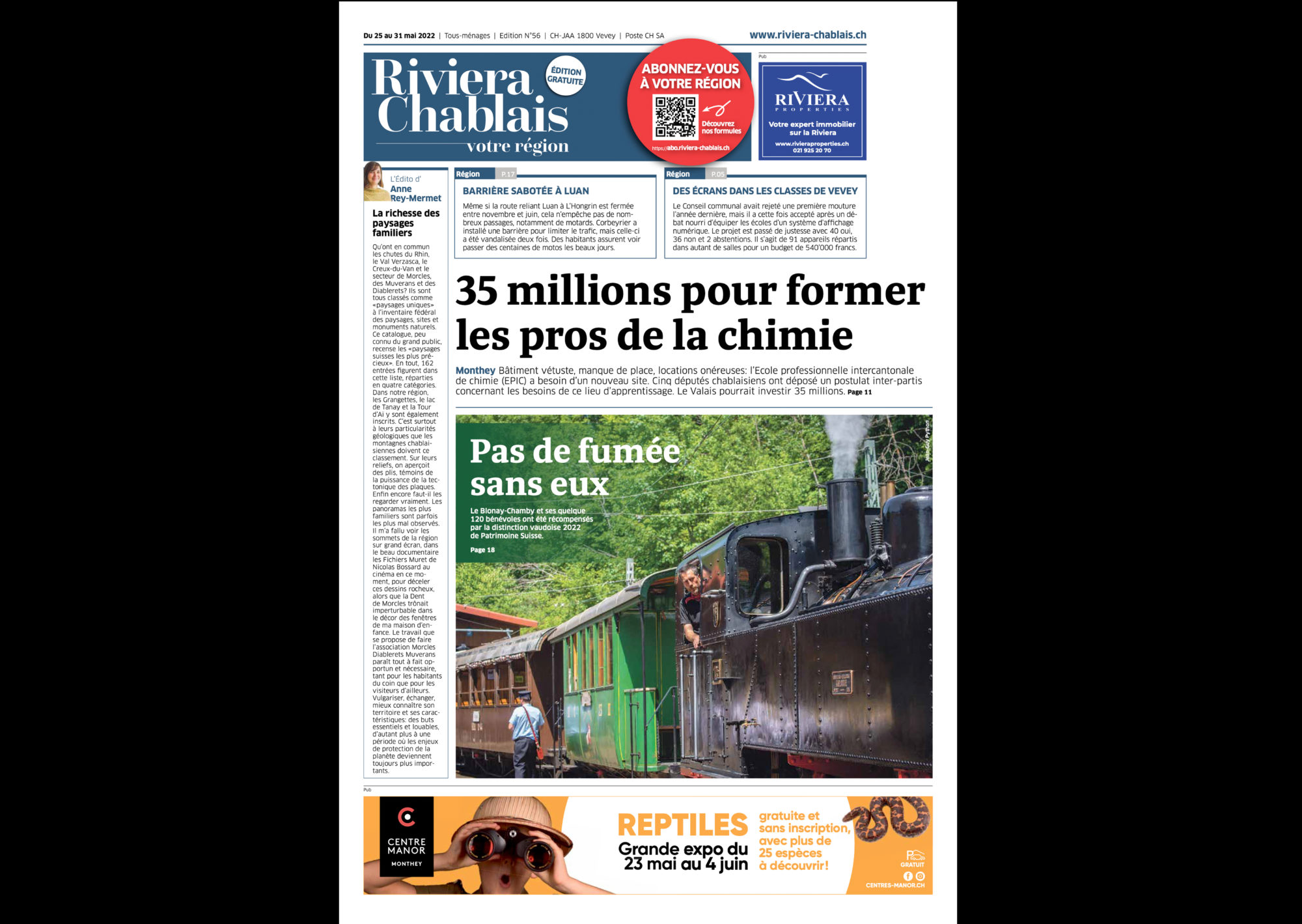 Journal Riviera-Chablais tout ménage n°56 ©Dessin de Gilles,, article Un gigantesque data center est en gestation à Saint-Triphon du 25.05.2022 page 1