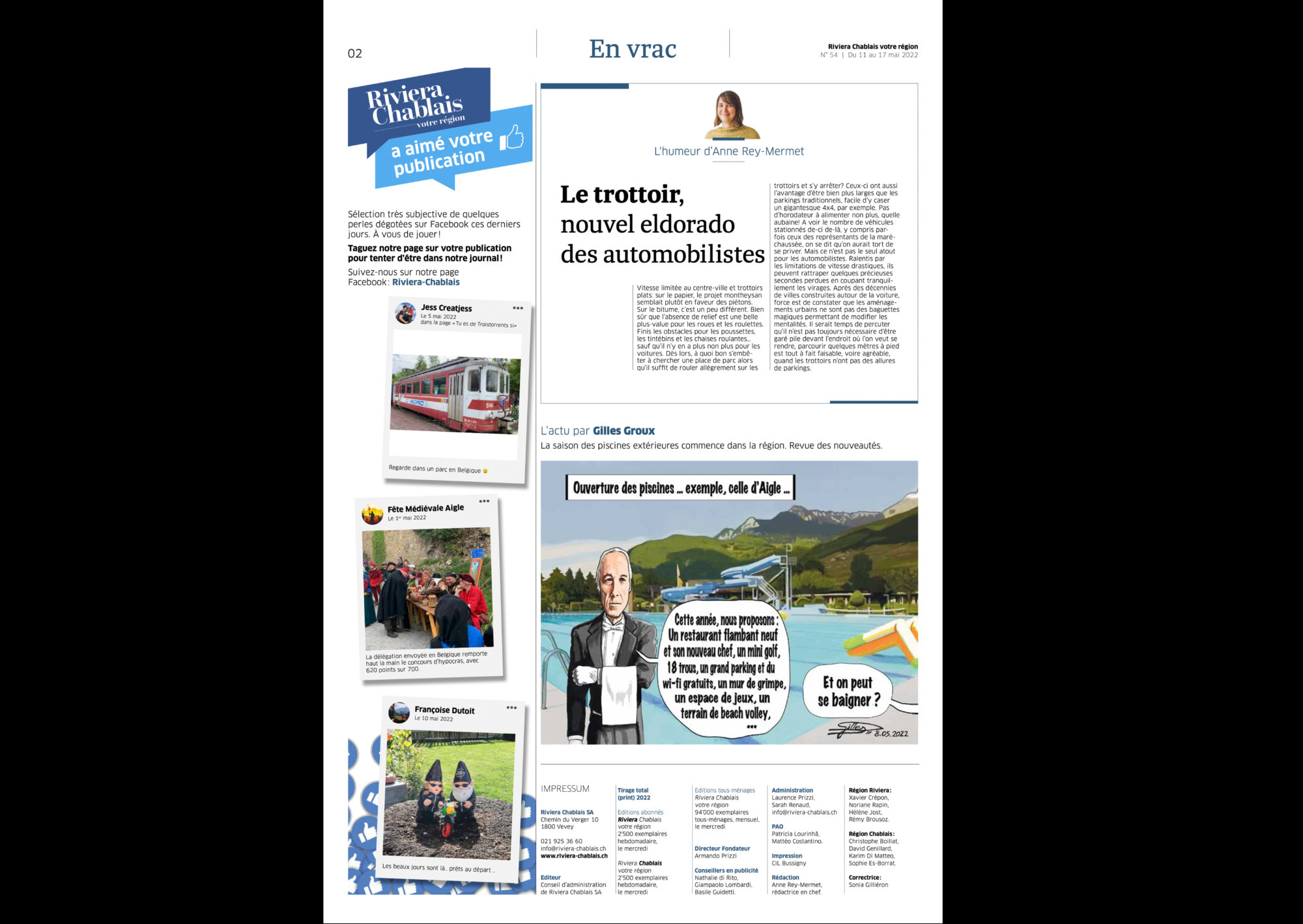 Journal Riviera n°54 ©Dessin de Gilles,, article L'ouverture des piscines du 11.04.2022 page 2
