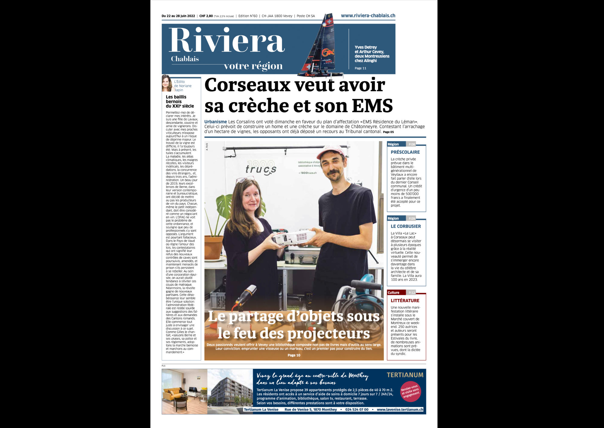Journal Riviera n°60 ©Dessin de Gilles,, article La machine Alinghi est lancée du 22 juin 2022 page 1